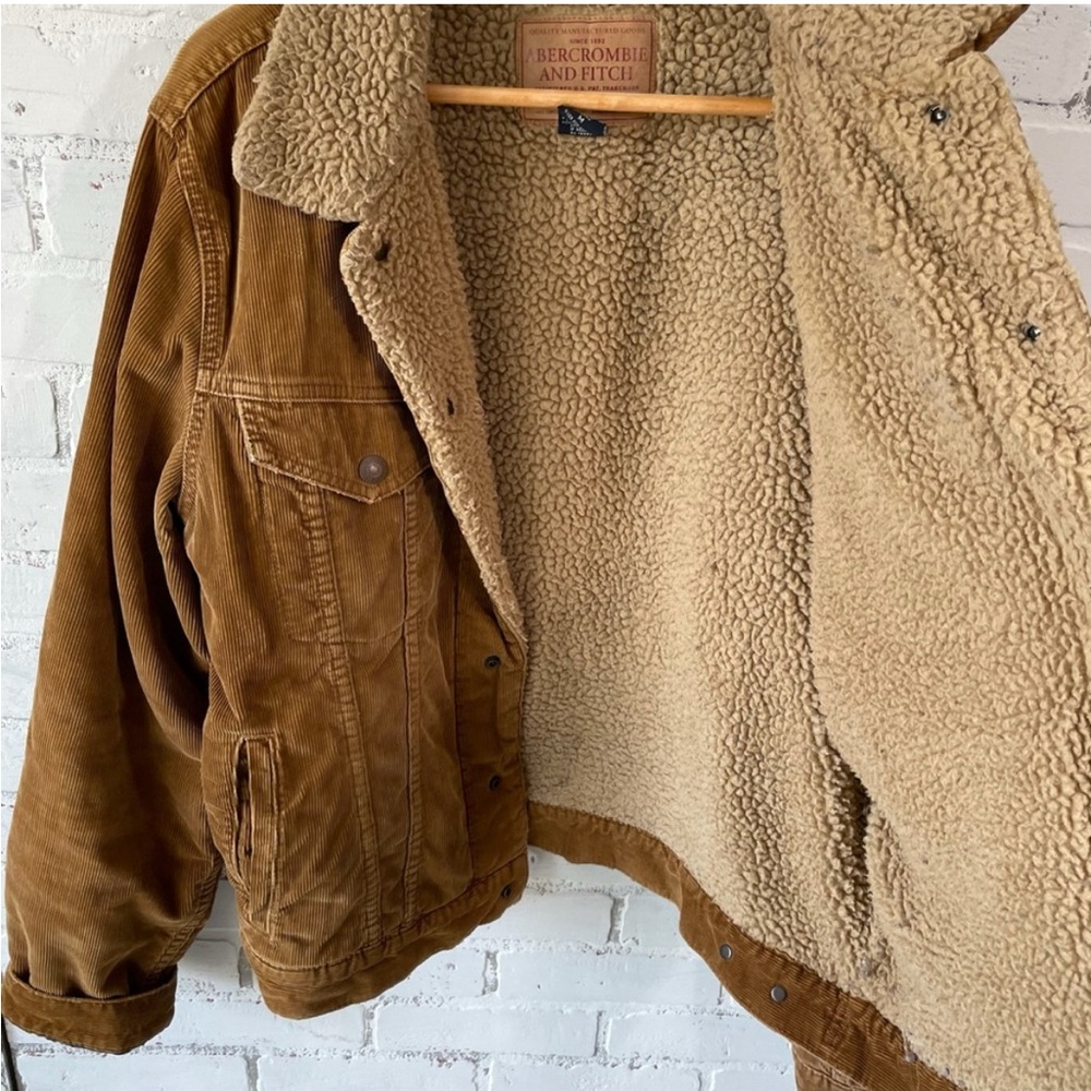 Vintage Abercrombie & Fitch Tan Brown Corduroy Trucker Jacket Sherpa Lined Coat - Picture 5 of 15
